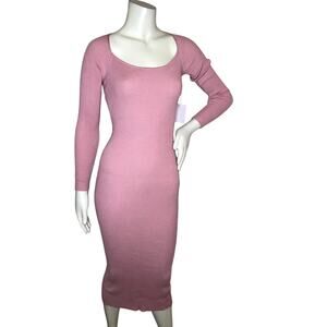 ALL THE WAYS Ribbed Knit Fitted Midi Sweater Dress S Pink Bodycon